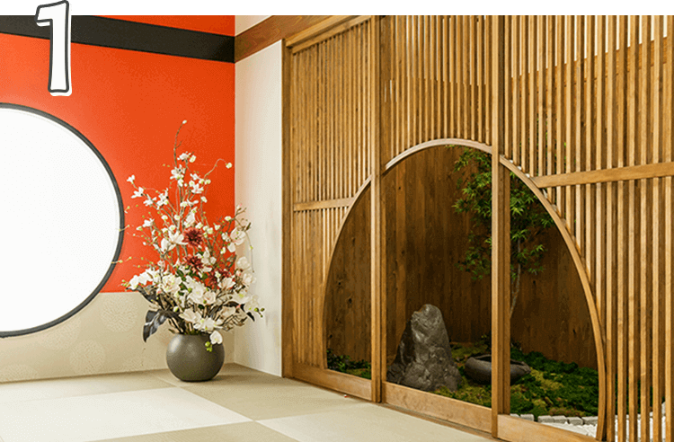 赤い壁に生花を配した和の風情あふれるのスタジオイメージ
