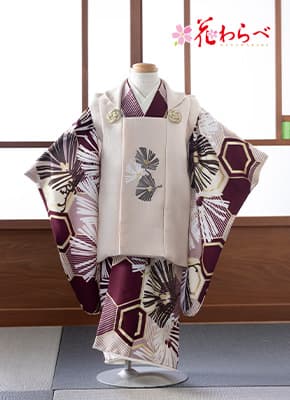 花わらべの七五三3歳着物 被布セット（えんじ色・亀甲と松文様）