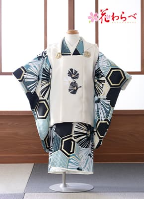 花わらべの七五三3歳着物 被布セット（青・紺系・亀甲と松文様）   